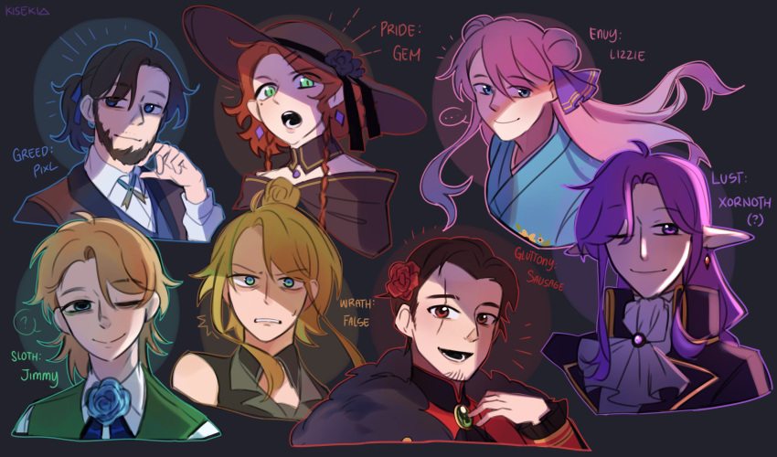 3girls, 4boys, alternate_costume, androgynous, blonde_hair, blue_eyes, brown_eyes, brown_hair