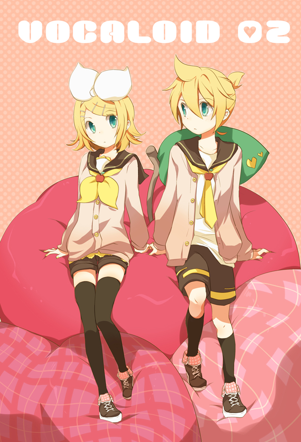 blonde_hair, brother_and_sister, hair_ornament, hair_ribbon, hairclip, kagamine_len, kagamine_rin, matsyumaro