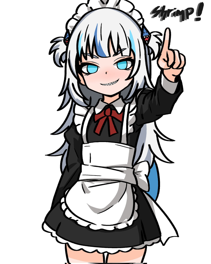 1girl, alternate_costume, apron, back_bow, becauseimajinx, black_dress, blue_eyes, blue_hair, blush, bow, bowtie, collared_dress, cowboy_shot, dress, english_text, frilled_apron, frills, gawr_gura, hair_ornament, hand_up, highres, hololive, hololive_english, juliet_sleeves, layered_dress, long_hair, long_sleeves, looking_at_viewer, maid, maid_apron, maid_headdress, multicolored_hair, nose_blush, parted_lips, pointing, puffy_sleeves, red_bow, red_bowtie, sidelocks, simple_background, smile, solo, standing, streaked_hair, thigh_gap, two_side_up, virtual_youtuber, white_background, white_hair