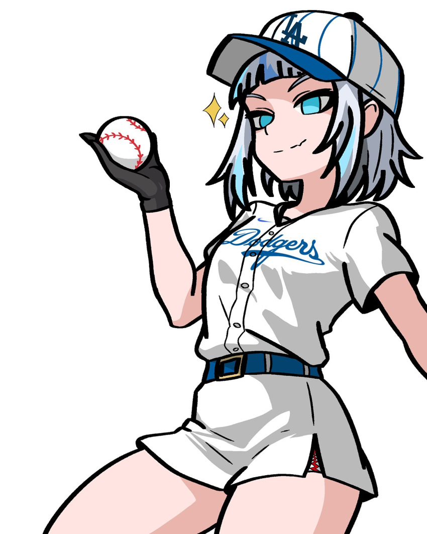 1girl, ball, baseball, baseball_cap, becauseimajinx, belt, black_gloves, blue_belt