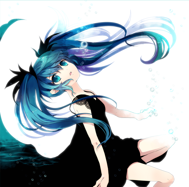 aqua_eyes, aqua_hair, black_dress, bubble, dress, floating_hair, hatsune_miku, long_hair, meguru_(lashe), open_mouth, shinkai_shoujo_(vocaloid), sleeveless, solo, twintails, very_long_hair, vocaloid