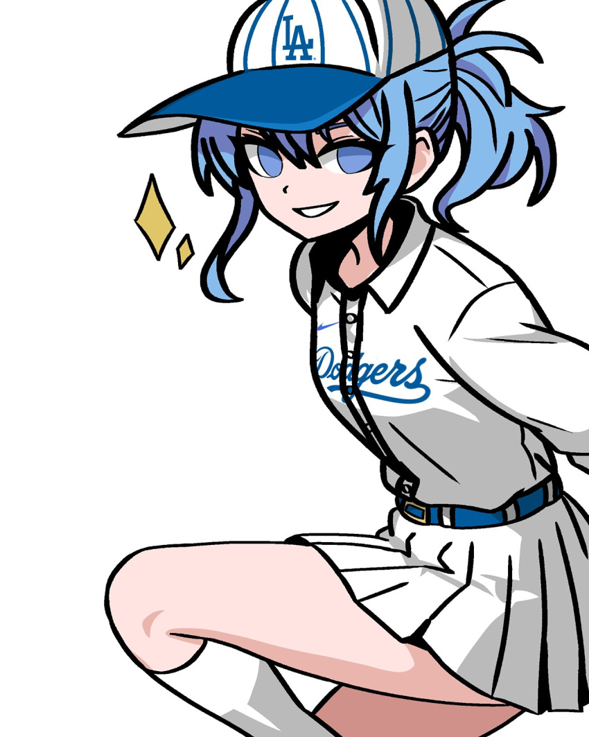 1girl, baseball_cap, becauseimajinx, belt, blue_eyes, blue_hair, breasts, collared_shirt