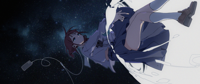 1girl, bandaid, bandaid_on_face, bandaid_on_forehead, blue_eyes, blue_shirt, blue_skirt, bow