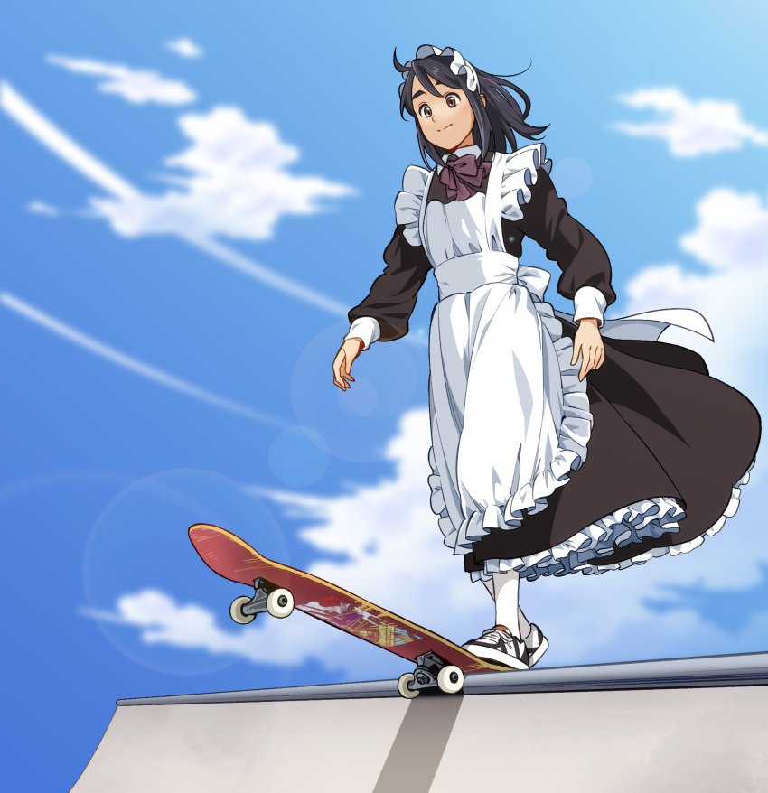 1girl, apron, benihana_(suzushiro333), black_hair, blue_sky, brown_eyes, clouds, highres