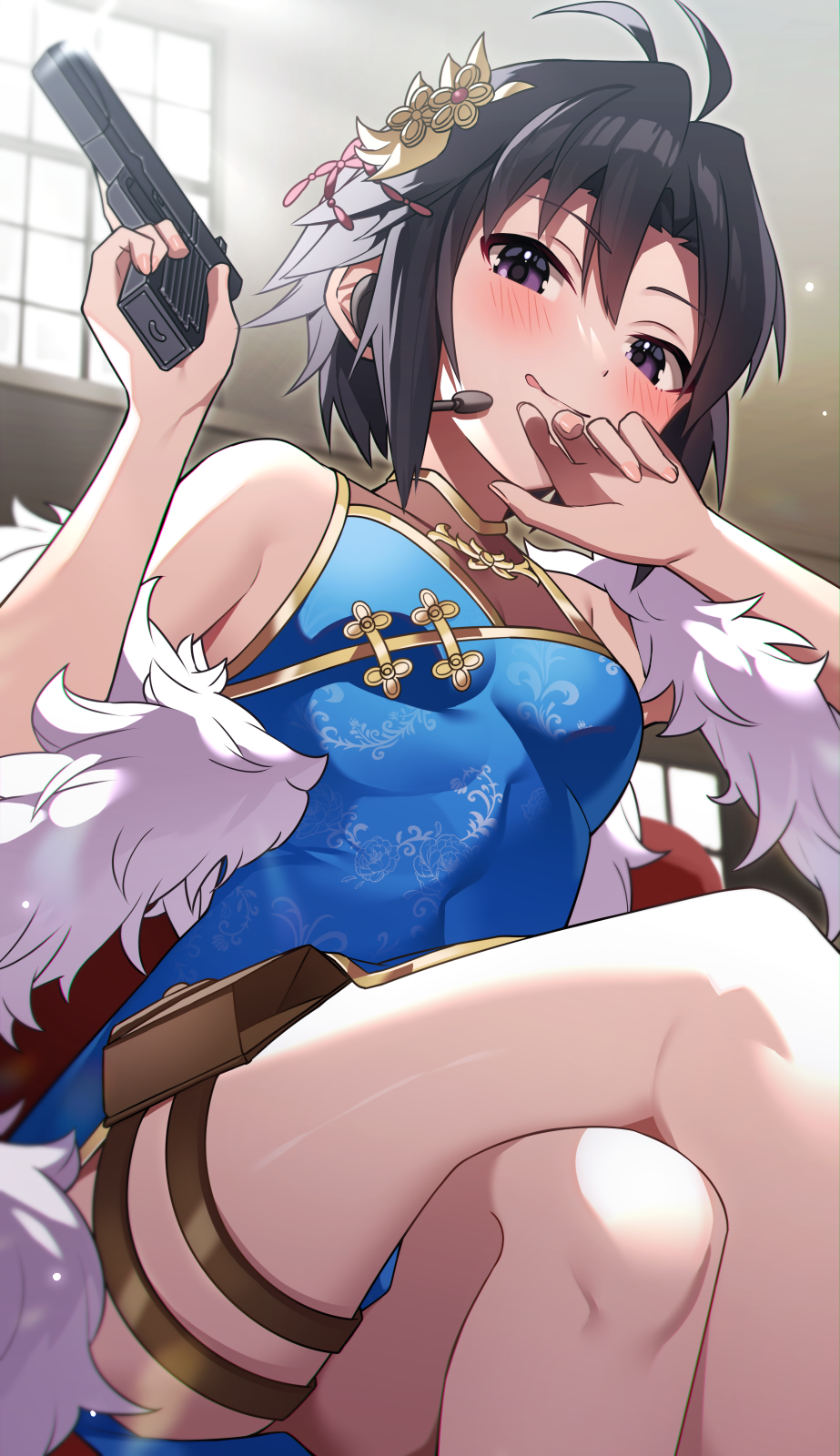 1girl, :q, antenna_hair, black_hair, blue_dress, breasts, china_dress, chinese_clothes