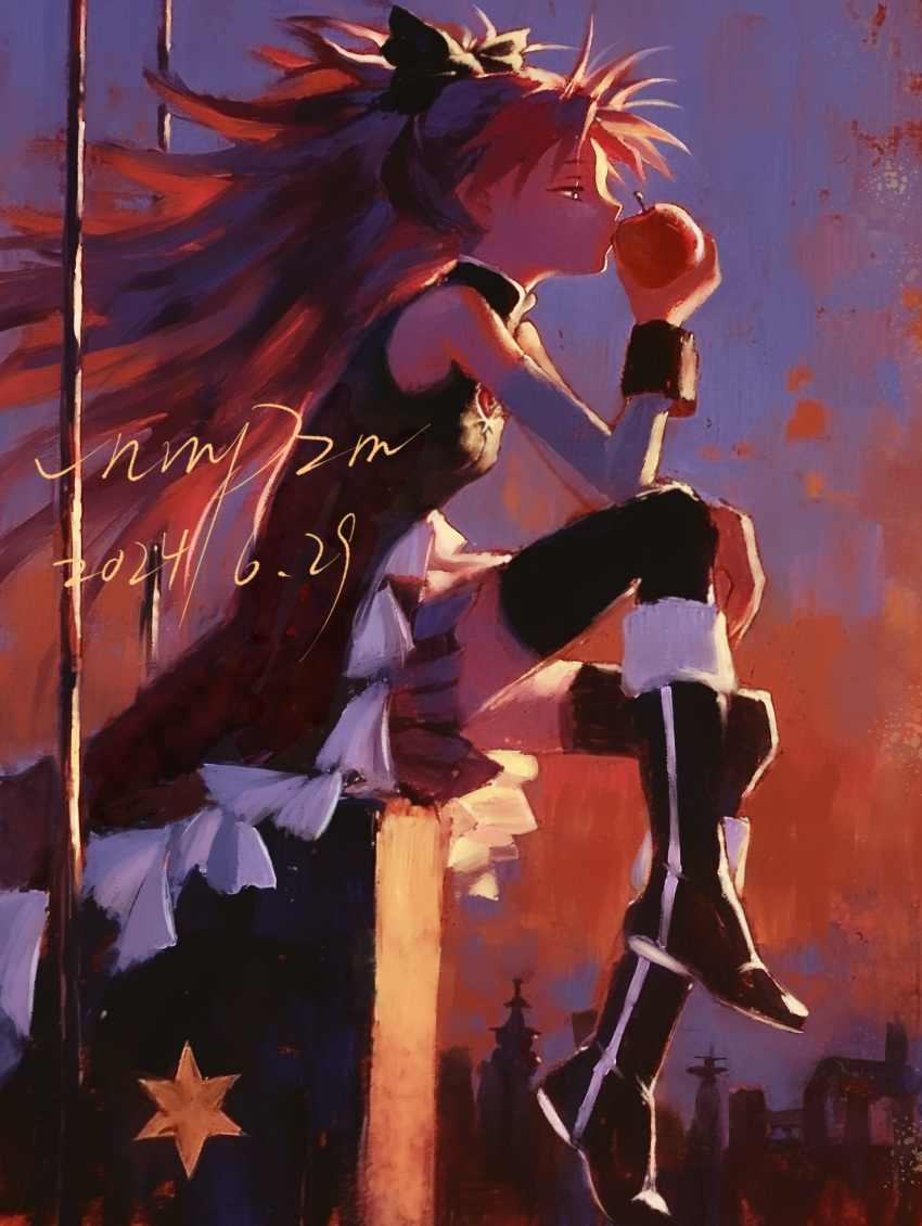 1girl, apple, black_bow, black_footwear, black_thighhighs, boots, bow, detached_sleeves