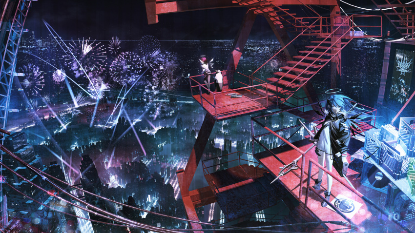 2girls, absurdres, aerial_fireworks, ankle_boots, arknights, black_footwear, black_jacket, black_sky, blue_eyes, blue_hair, blue_halo, boots, building, cable, city_lights, cityscape, closed_mouth, commentary_request, cyberpunk, detached_wings, emperor_(arknights), exusiai_(arknights), facing_away, fireworks, halo, highres, holding, holding_weapon, inil, jacket, long_hair, long_sleeves, looking_afar, mostima_(arknights), multiple_girls, night, night_sky, open_clothes, open_jacket, outdoors, pink_hair, railing, record, romper, scenery, science_fiction, shirt, shoes, short_hair, sky, skyscraper, smile, stairs, standing, steel_beam, weapon, white_halo, white_jacket, white_romper, white_shirt, white_wings, wide_shot, wind, wings