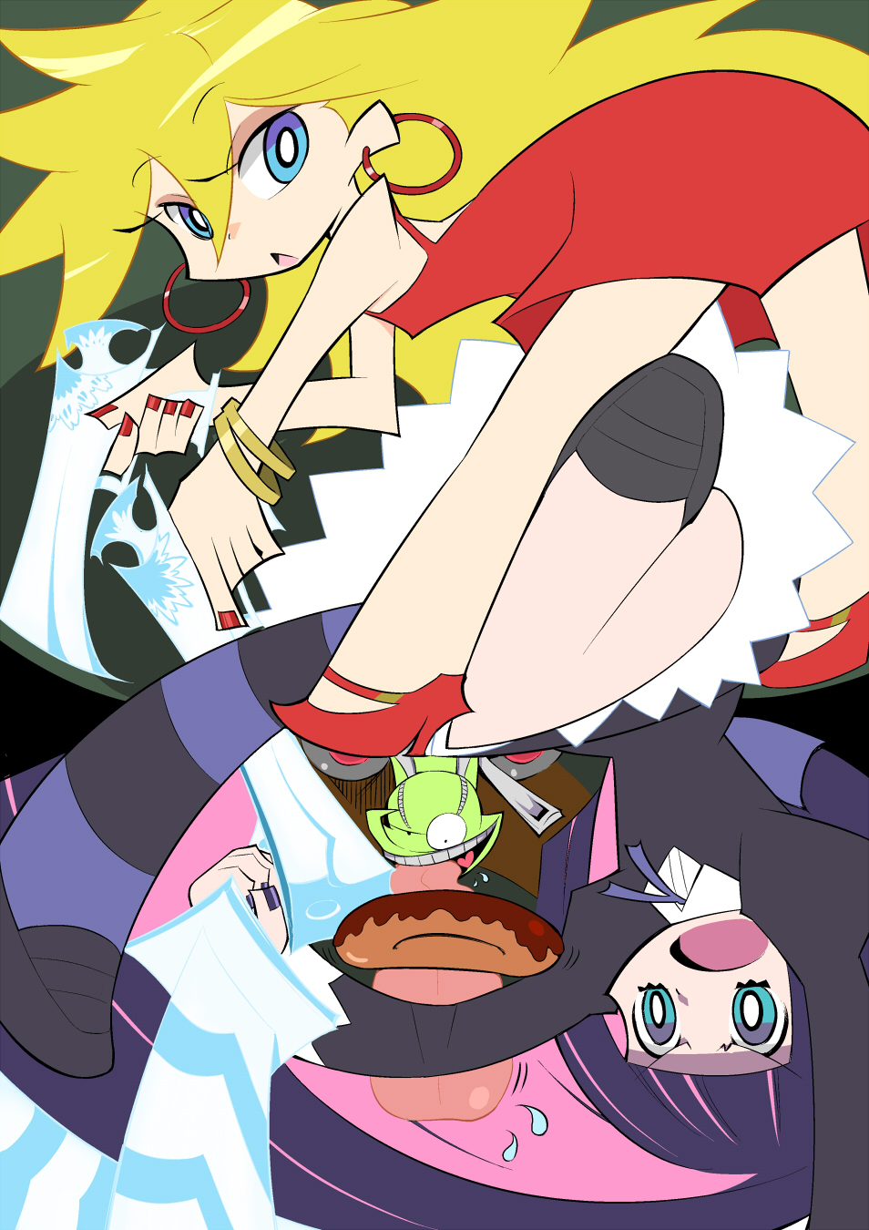 blonde_hair, blue_eyes, blue_hair, chuck, chuck_(psg), doughnut, dual_wielding, earrings, gun, highres, jewelry, multiple_girls, official_style, panty_&amp;_stocking_with_garterbelt, panty_(character), panty_(psg), rakugaki, rakugaki07, smile, stocking_(character), stocking_(psg), striped, striped_legwear, striped_thighhighs, sword, thigh-highs, thighhighs, tongue, weapon