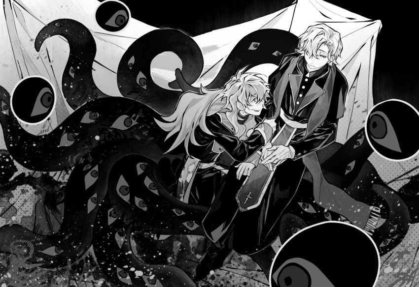 2boys, aitangguodexiaogui842, call_of_cthulhu, capelet, chinese_commentary, closed_mouth, commentary_request, frown, greyscale, hair_over_one_eye, highres, long_hair, long_sleeves, lunmi_(mussolier_de_shengzhizhe), male_focus, mian_(mussolier_de_shengzhizhe), monochrome, multiple_boys, mussolier_de_shengzhizhe, open_mouth, short_hair, sitting, smile, stole, tentacles
