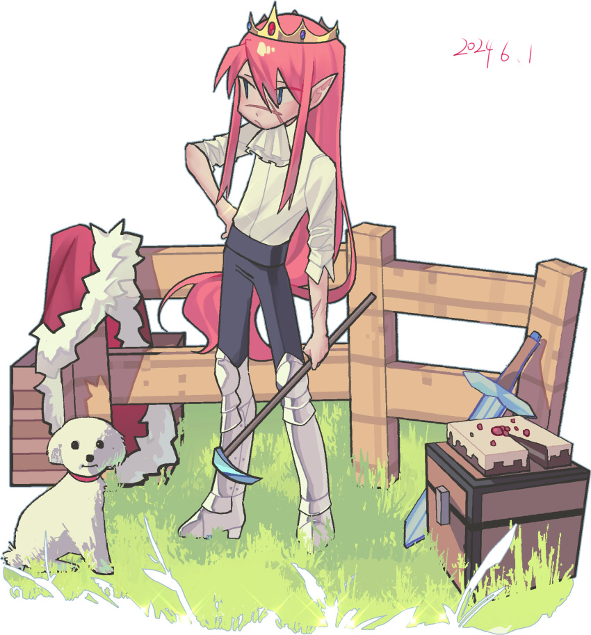 1boy, androgynous, animal, armor, cake, cake_(minecraft), cape, chest_(furniture), chinese_commentary, commentary_request, crown, dated, deformed, dog, fence, floof_(technoblade), food, full_body, fur_trim, grass, highres, holding, keyihaoye, long_hair, minecraft, minecraft_sword, minecraft_youtube, outdoors, pink_hair, real_life, solo, standing, sword, technoblade, weapon