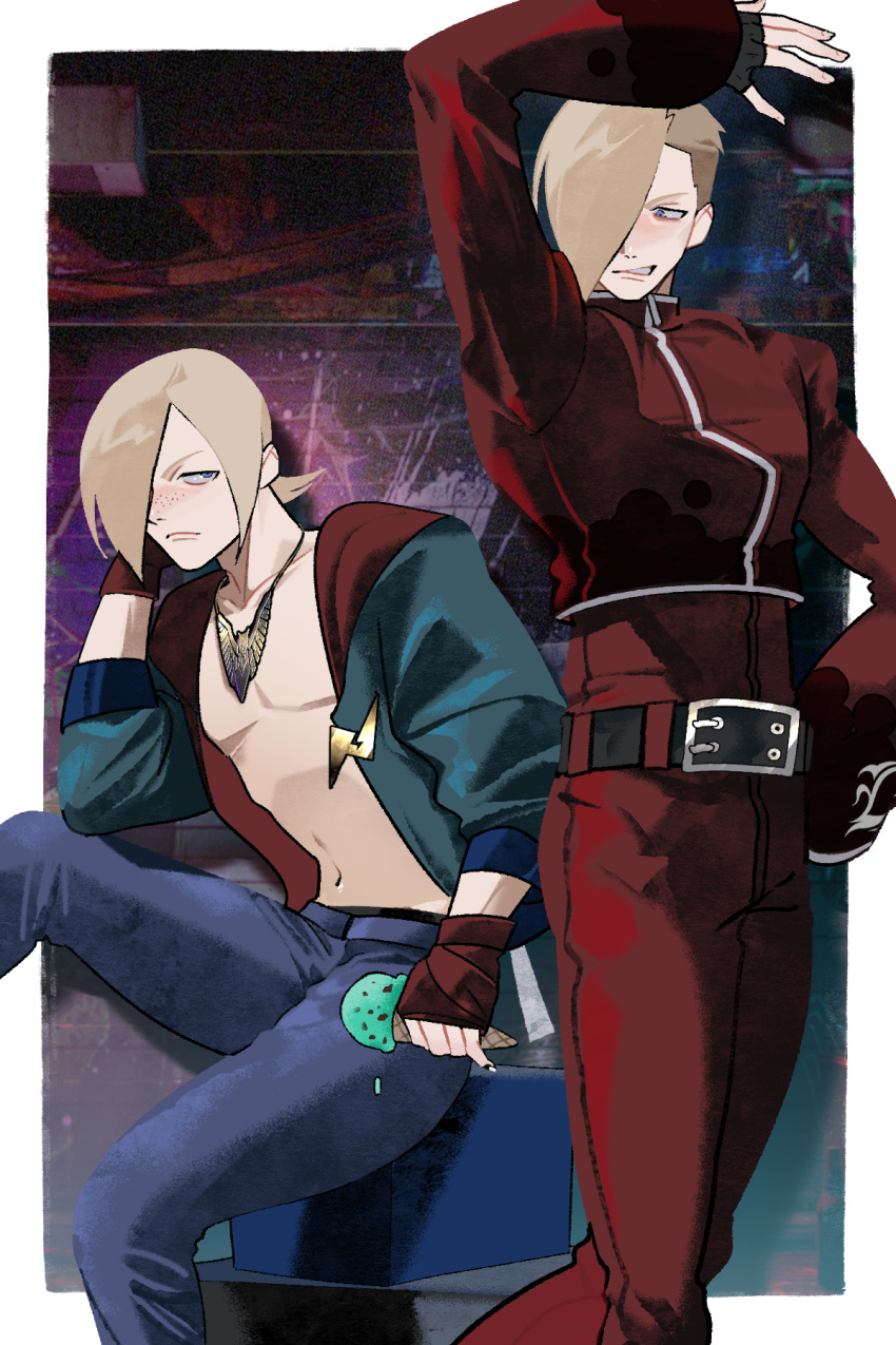 2boys, arm_up, ash_crimson, asymmetrical_hair, belt, blue_hoodie, cosplay, costume_switch