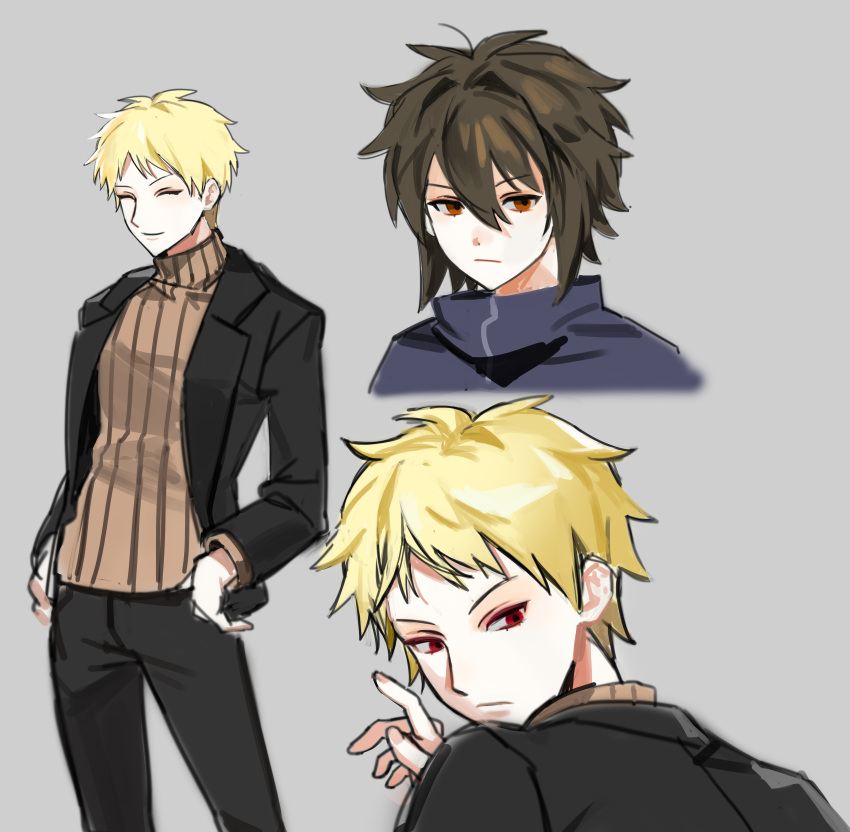 1boy, absurdres, atou_haruki, black_jacket, black_pants, blonde_hair, brown_hair, brown_sweater