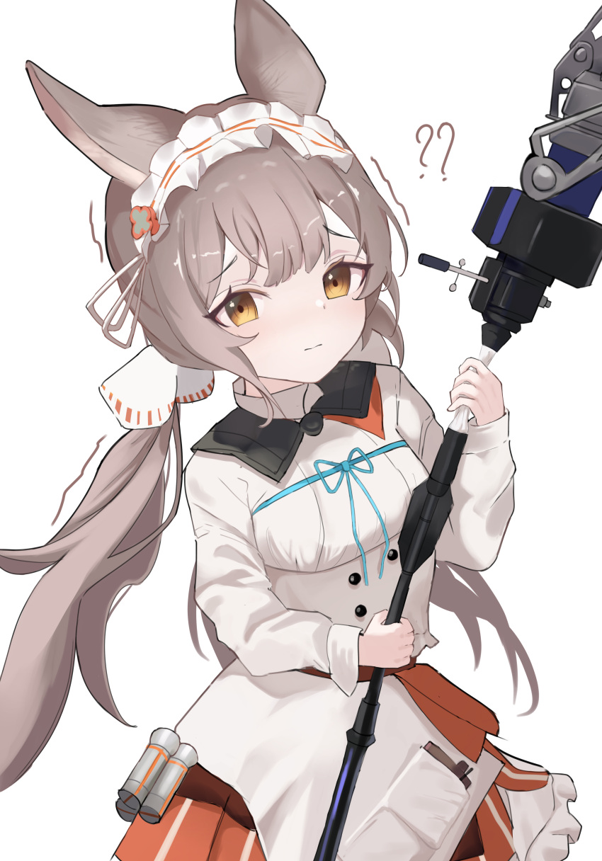 1girl, ?, ??, absurdres, animal_ears, arknights, blue_ribbon, brown_hair