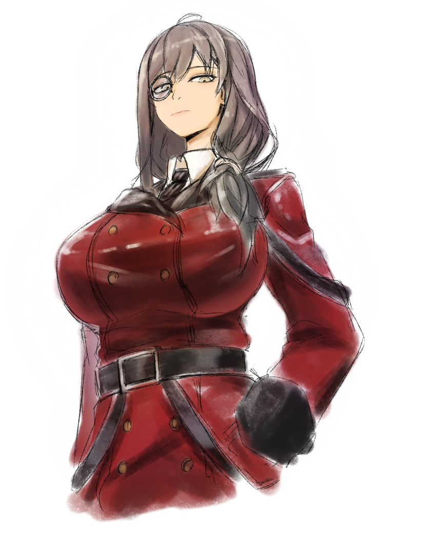1girl, absurdres, alternate_breast_size, belt, black_belt, black_necktie, breasts, buttons, closed_mouth, coat, collared_shirt, cropped_torso, expressionless, girls_frontline, grey_eyes, grey_hair, helianthus_(girls'_frontline), highres, huge_breasts, long_hair, long_sleeves, looking_at_viewer, looking_down, monocle, necktie, pakdeus, red_coat, shirt, simple_background, solo, white_background, white_shirt