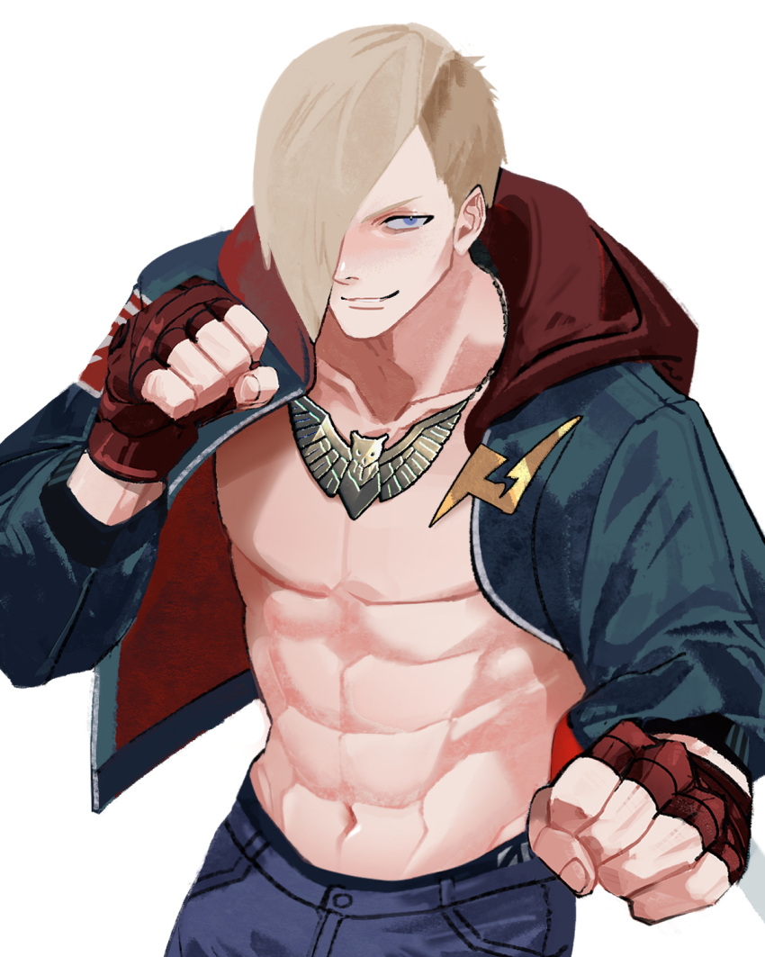 1boy, abs, asymmetrical_hair, blonde_hair, blue_eyes, blue_jacket, clenched_hands, denim