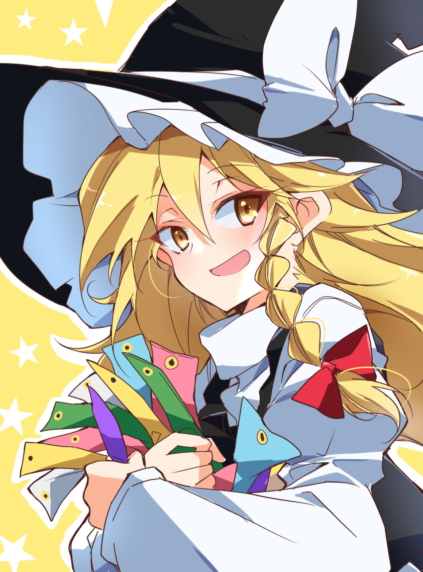 1girl, :d, black_hat, black_vest, blonde_hair, bow, braid, hair_bow