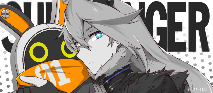 1girl, absurdres, bangboo_(zenless_zone_zero), black_coat, black_horns, blue_eyes, closed_mouth, coat