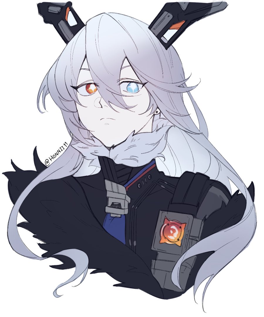 1girl, black_coat, black_horns, blue_eyes, closed_mouth, coat, commentary, commentary_request