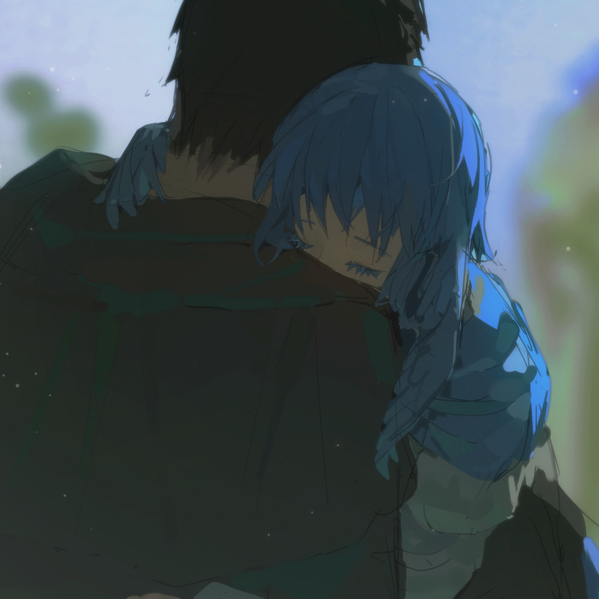 1boy, 1girl, black_capelet, black_hair, blue_capelet, blue_hair, blurry, blurry_background