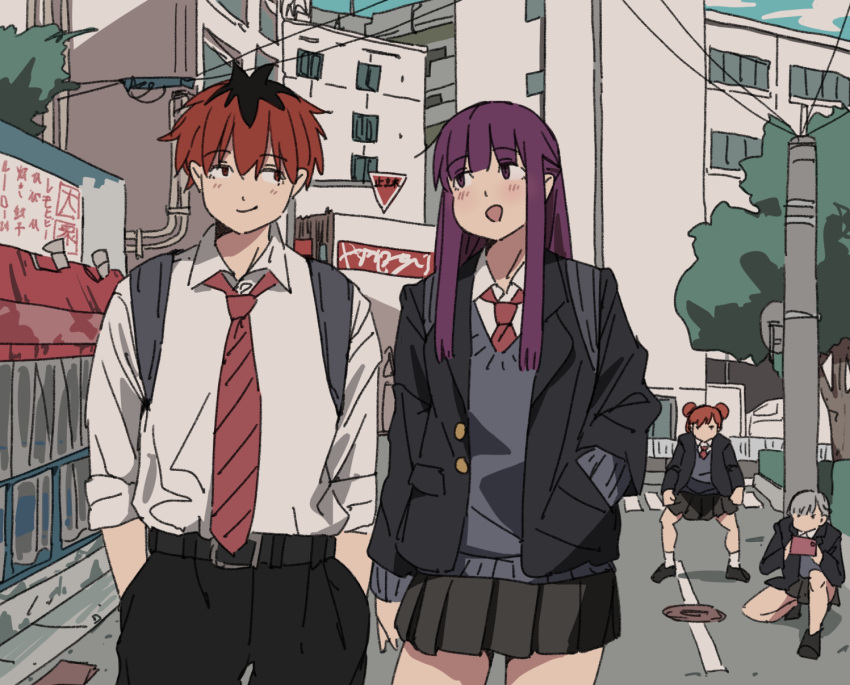 1boy, 3girls, black_hair, black_jacket, black_pants, black_skirt, blush, closed_mouth