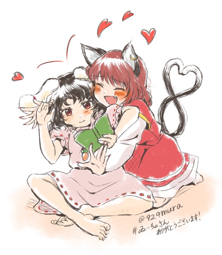 2girls, 929mura, animal_ear_piercing, animal_ears, bare_legs, barefoot, black_hair, cat_ears