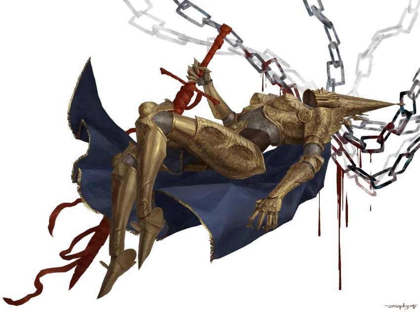 1girl, armor, artist_name, blasphemous_2, blood, blood_drip, blue_cape, boobplate, breastplate, breasts, cape, chain, chainmail, couter, crisanta_of_the_wrapped_agony, cuisses, gauntlets, gloves, gold_armor, greatsword, greaves, helmet, holding, holding_sword, holding_weapon, mask, non-web_source, pauldrons, pointy_hat, poleyn, rondel, sabaton, shoulder_armor, simple_background, solo, sword, weapon, white_background, zephyrq