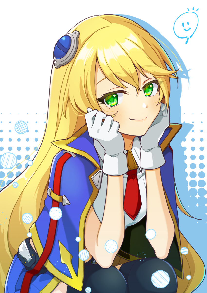 1girl, :t, absurdres, black_thighhighs, blazblue, blonde_hair, blue_background, blue_jacket, blue_skirt, collared_shirt, commentary, emoticon, gloves, gold_trim, green_eyes, hair_ornament, hands_up, head_on_hand, highres, ika_(draw_ika02), jacket, light_blush, long_hair, looking_at_viewer, midriff, mixed-language_commentary, multicolored_background, navel, necktie, noel_vermillion, notice_lines, open_clothes, open_jacket, pleated_skirt, polka_dot, polka_dot_background, red_necktie, shadow, shirt, skirt, smile, solo, spoken_expression, squatting, thigh-highs, white_background, white_gloves, white_shirt
