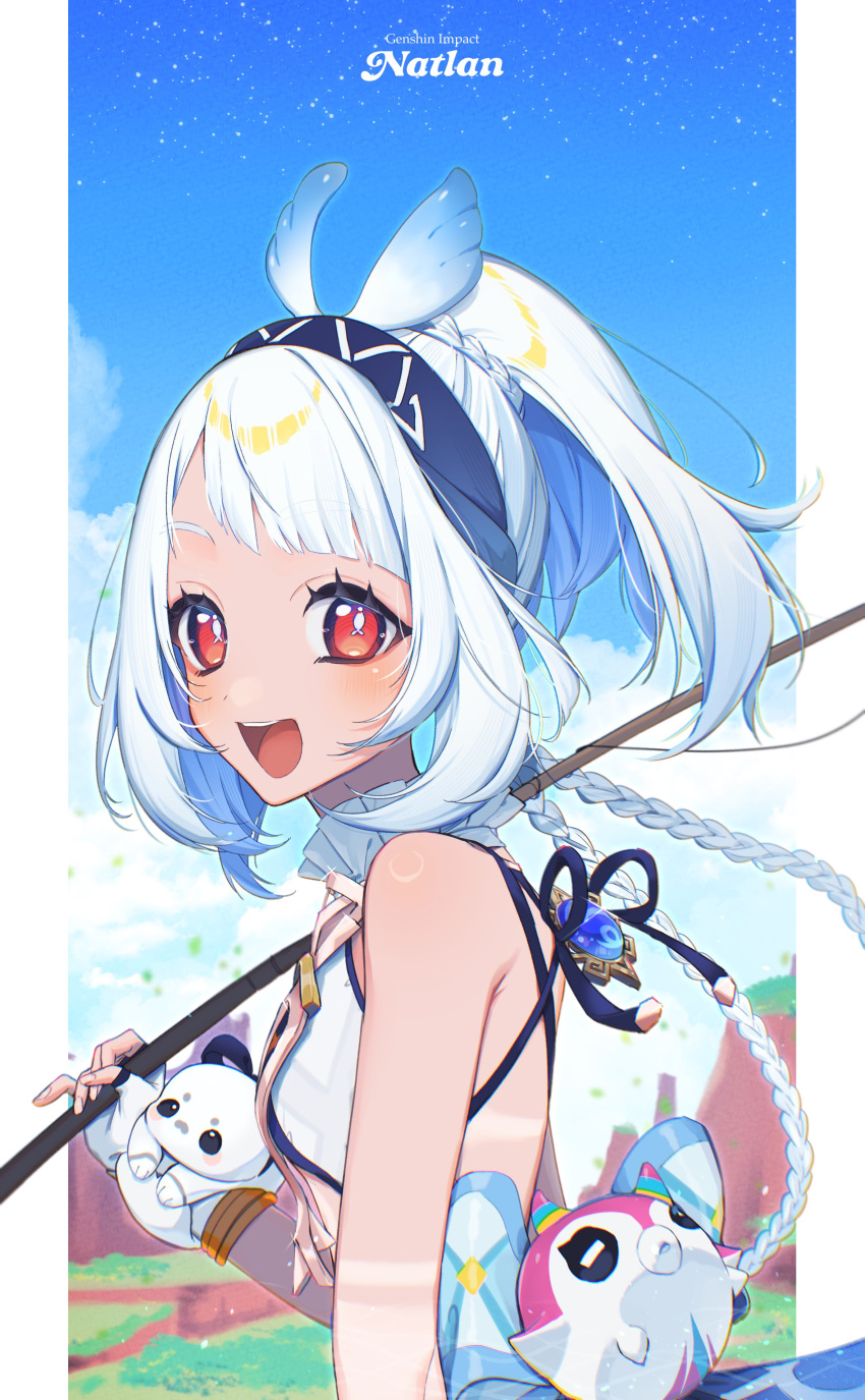 absurdres, bare_shoulders, blue_hair, braid, character_request, fingerless_gloves, frills, genshin_impact