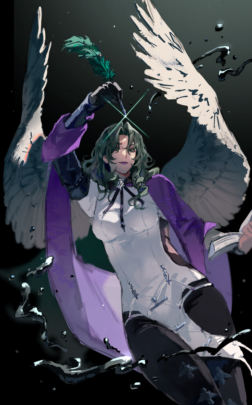 1girl, absurdres, bird_wings, black_leggings, book, breasts, commentary_request, cowboy_shot, curly_hair, curtained_hair, diffraction_spikes, dress, feathered_wings, forehead, gloves, gradient_background, green_hair, grey_wings, highres, holding, holding_book, holding_quill, ink, leggings, looking_at_viewer, medium_breasts, parted_bangs, path_to_nowhere, pelvic_curtain, purple_shawl, quill, raven_(path_to_nowhere), scar, scar_on_face, scar_on_forehead, shawl, single_glove, solo, white_dress, wings, yosomaru