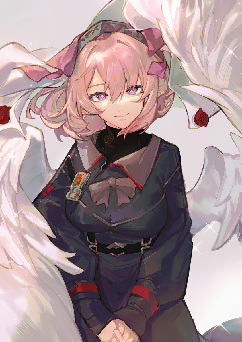 1girl, angel_wings, black_jacket, black_uniform, breasts, bridal_veil, cowboy_shot, hair_between_eyes