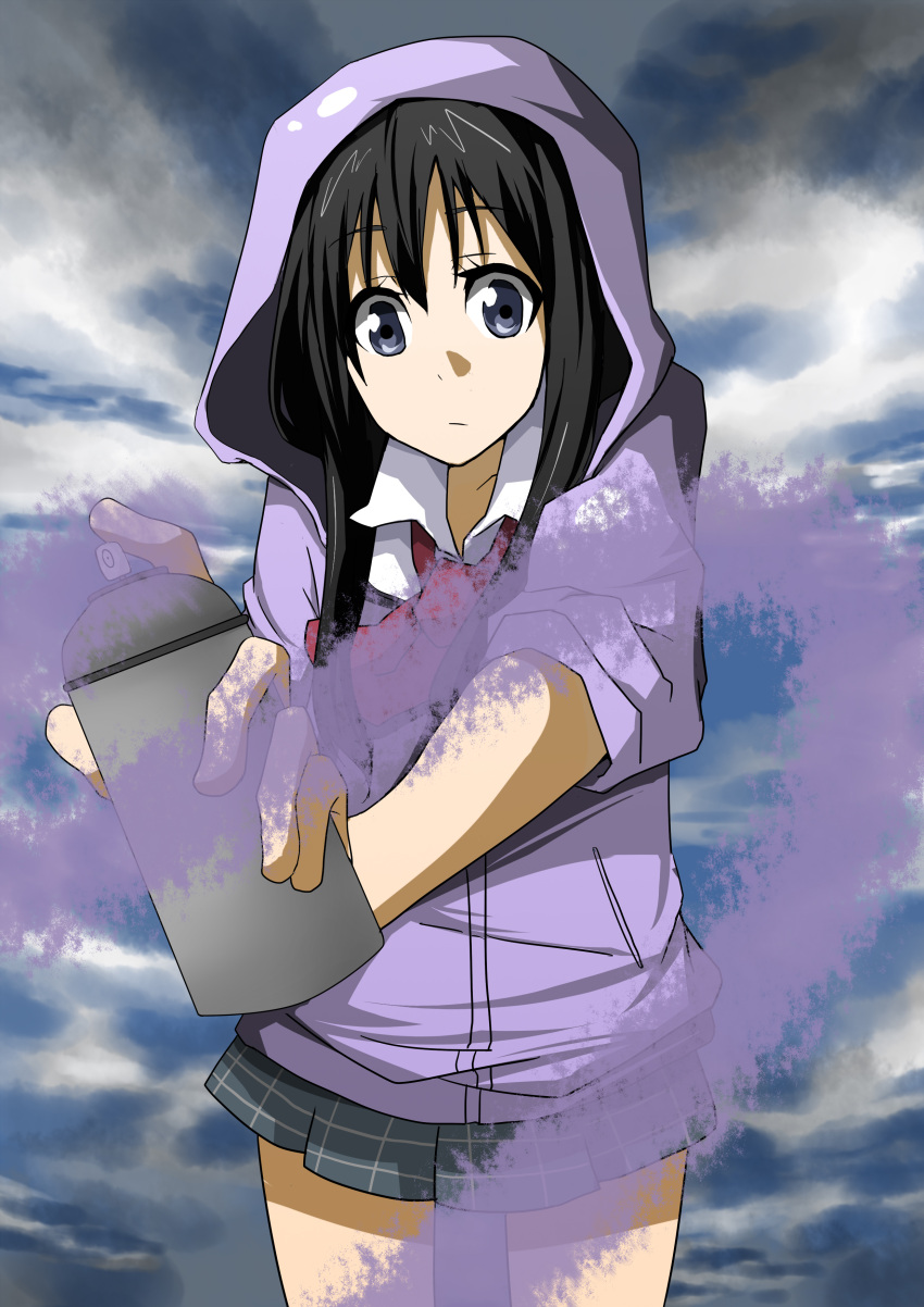 akiyama_mio, black_eyes, black_hair, highres, hyaku_(6974), k-on!, long_hair, no_thank_you, no_thank_you!, paint_can, parka, plaid, plaid_skirt, school_uniform, skirt, sleeves_pushed_up, spray_can, spraying, tartan