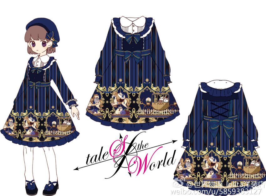 1girl, argyle_clothes, argyle_dress, artist_request, beret, blue_bow, blue_bowtie, blue_dress