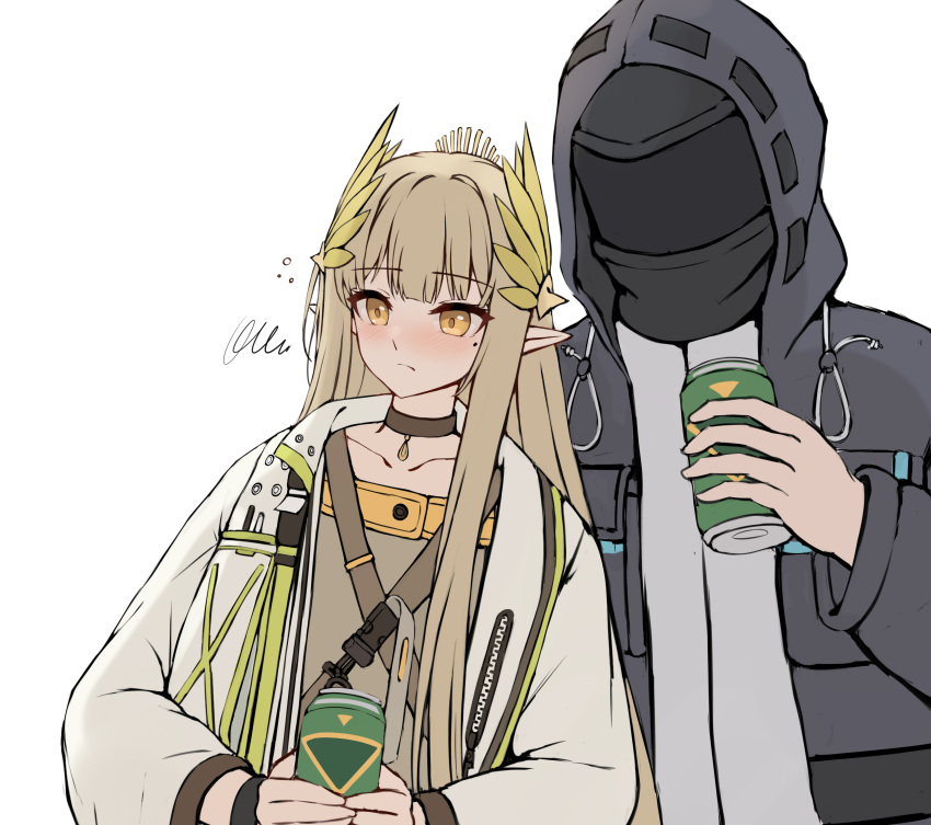 1girl, 1other, absurdres, ambiguous_gender, arknights, black_jacket, brown_hair, can, choker, coat, doctor_(arknights), gongbangmanchi_(daisy_cutter), hair_ornament, highres, holding, holding_can, hood, hooded_jacket, jacket, long_hair, mask, mole, mole_under_eye, muelsyse_(arknights), open_clothes, pointy_ears, upper_body, white_background, white_coat, yellow_eyes