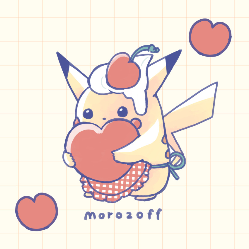 animal_focus, apron, black_eyes, blank_eyes, blush_stickers, cherry, clothed_pokemon, commentary_request, company_name, cream, food, food_on_head, fruit, full_body, grid_background, heart, highres, holding, holding_heart, morozoff, napopo, no_humans, object_on_head, partial_commentary, pikachu, plaid_apron, plaid_clothes, pokemon, pokemon_(creature), red_apron, solo, standing, waist_apron, yellow_background, yellow_theme