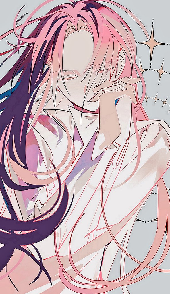 1boy, closed_eyes, colored_eyelashes, eyes_visible_through_hair, facing_viewer, grey_background, hatsutori_hajime, interlocked_fingers, long_hair, long_sleeves, male_focus, own_hands_clasped, own_hands_together, parted_bangs, pink_hair, saibou_shinkyoku, shirt, solo, upper_body, white_shirt, yeopmaesa
