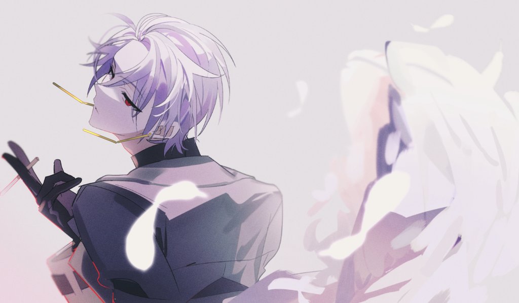 1boy, black_gloves, black_jacket, black_sweater, closed_mouth, commentary_request, earrings, film_grain