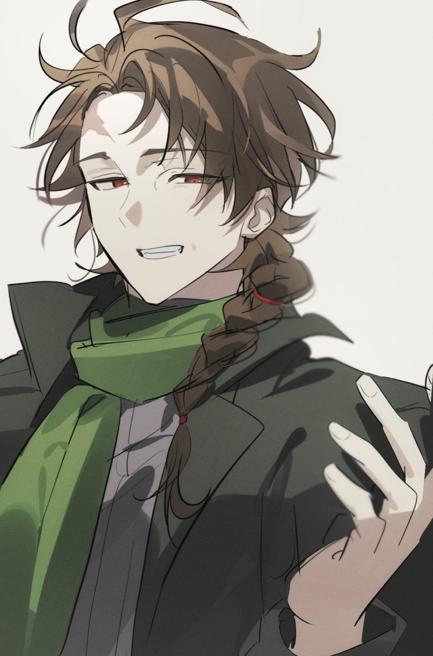 1boy, black_jacket, braid, brown_hair, commentary_request, eyes_visible_through_hair, film_grain, green_scarf