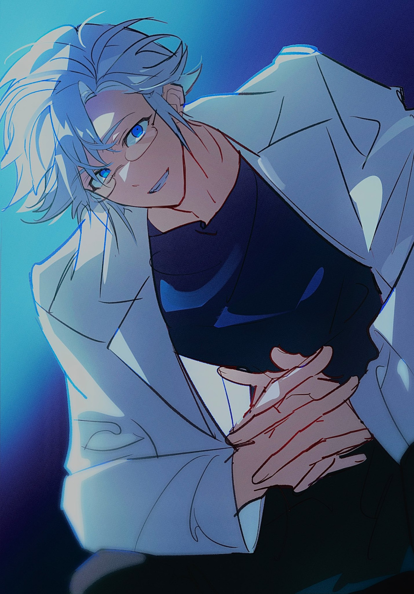 1boy, black_pants, black_shirt, blue_background, blue_eyes, film_grain, grin, hashtag-only_commentary