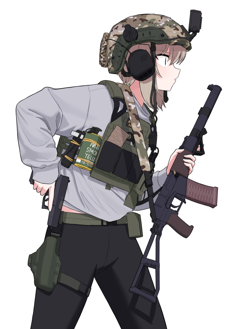 1girl, as_val, assault_rifle, bebetang, black_pants, blonde_hair, bulletproof_vest, combat_helmet, ear_protection, english_commentary, from_side, glock, gun, gun_malfunction, handgun, helmet, highres, holding, holding_gun, holding_weapon, holster, kalashnikov_rifle, magazine_(weapon), open_mouth, original, pants, rifle, shell_casing, shirt, short_hair, simple_background, smoke_grenade, solo, thigh_holster, trigger_discipline, weapon, white_background, white_shirt