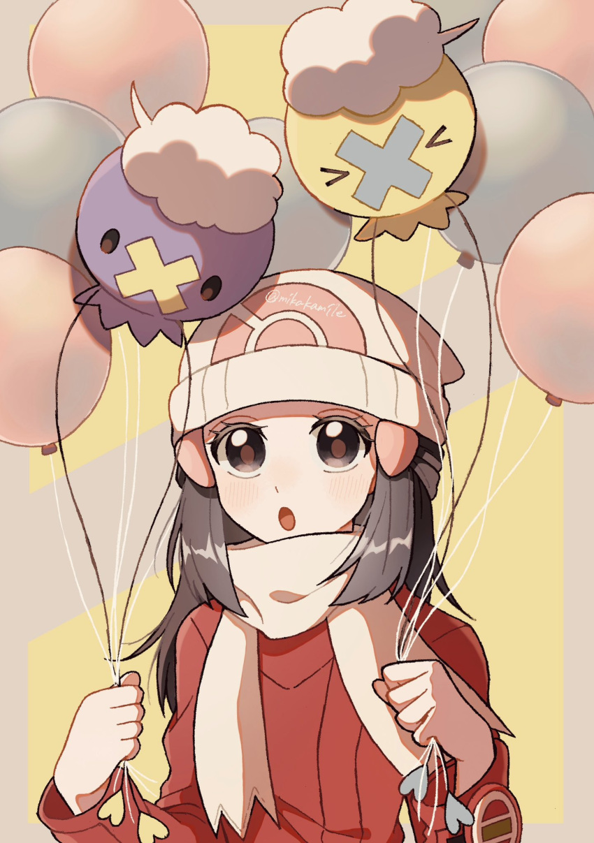 >_<, 1girl, :o, alternate_color, balloon, beanie, black_eyes, black_hair