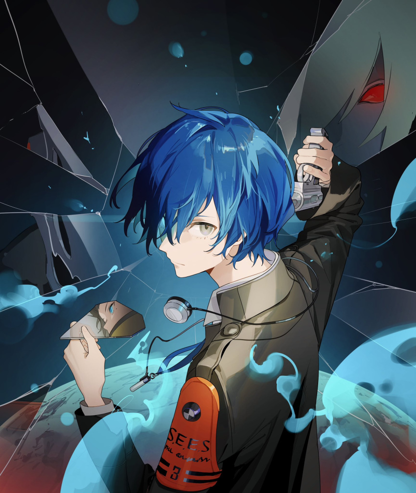 1boy, arm_up, black_jacket, blue_hair, broken_glass, from_behind, gekkoukan_high_school_uniform, glass, grey_eyes, gun, hair_between_eyes, headphones, headphones_around_neck, highres, holding, holding_gun, holding_weapon, jacket, looking_at_viewer, male_focus, mochizuki_ryouji, orpheus_(persona), persona, persona_3, red_eyes, school_uniform, two_route66, weapon, white_hair, yuuki_makoto_(persona_3)