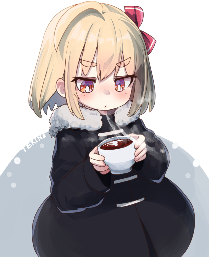 1girl, alternate_costume, artist_name, black_coat, blonde_hair, blowing, blush, bright_pupils