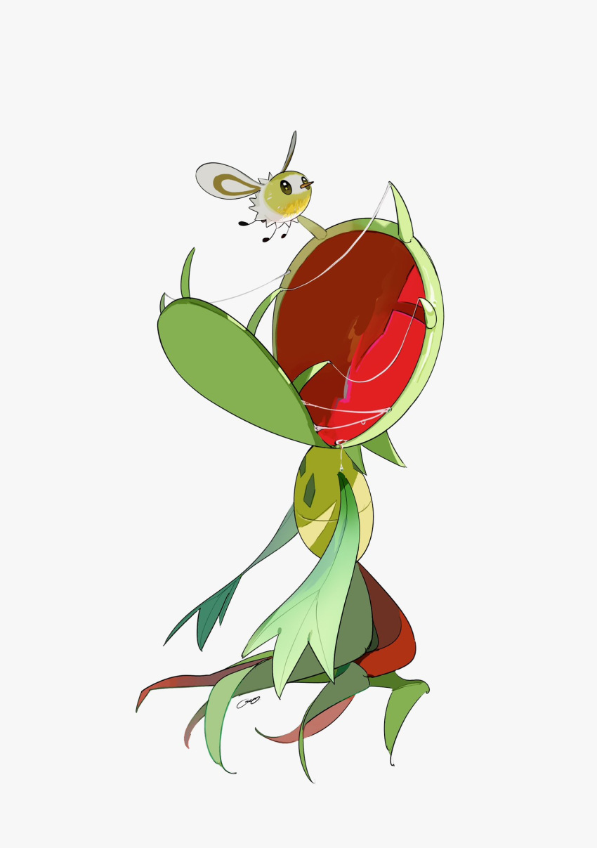 animal_focus, black_eyes, carnivine, colored_skin, cutiefly, flying, full_body, highres, no_humans, open_mouth, pokemon, pokemon_(creature), predation, saliva, sharp_teeth, simple_background, teeth, two_route66, wings, yellow_skin