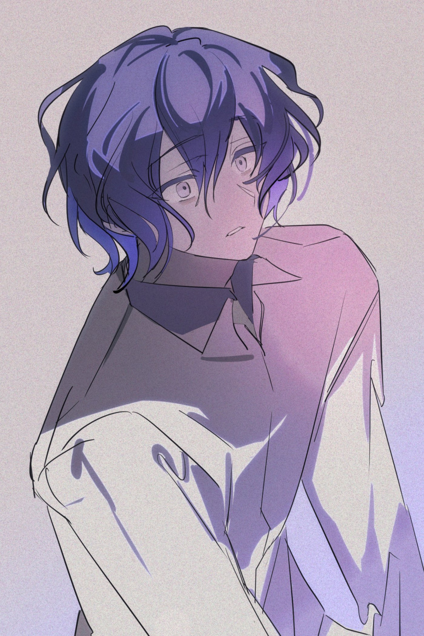 1boy, blue_hair, collared_shirt, colored_eyelashes, grey_background, grey_eyes, grey_shirt, hair_between_eyes