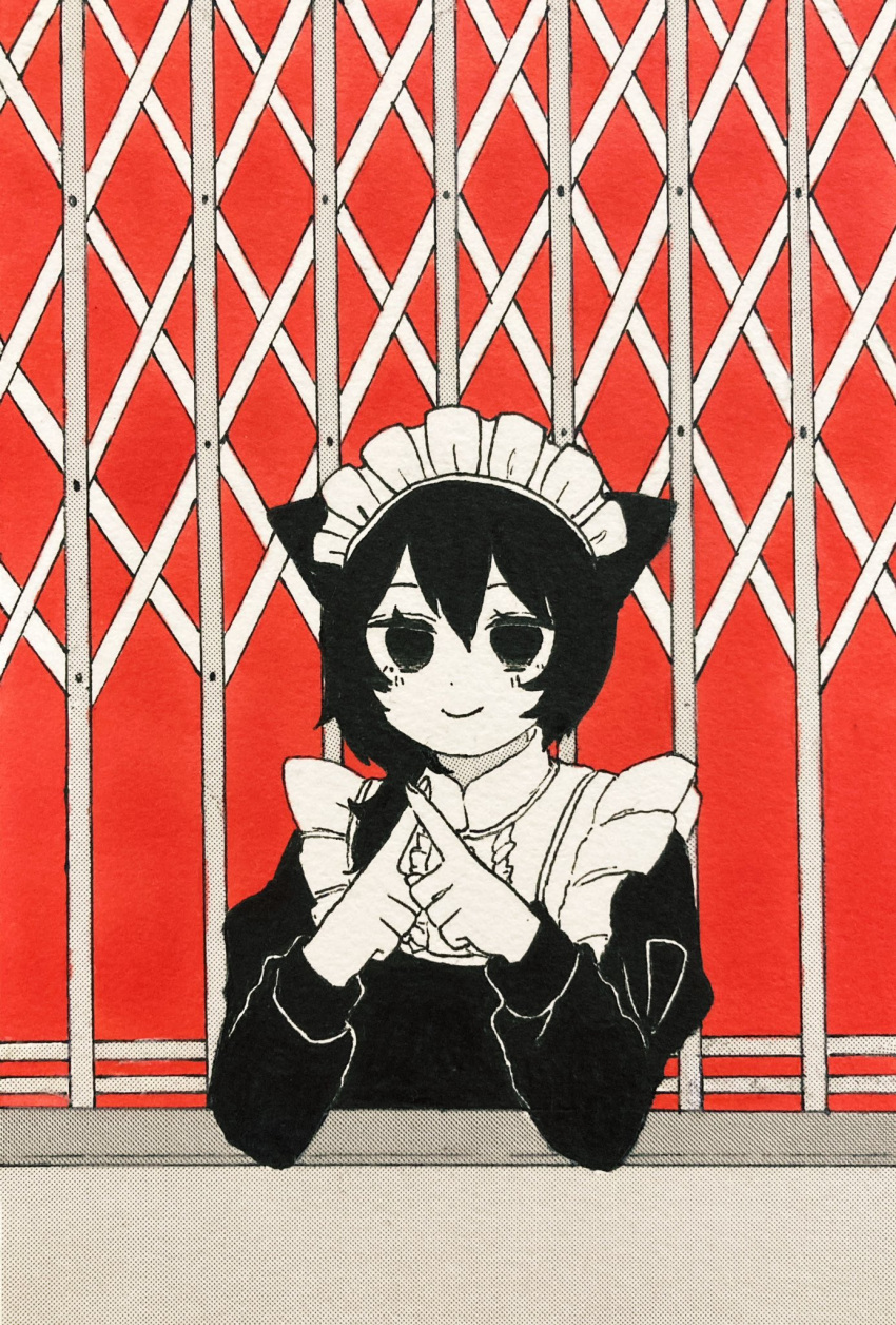 1girl, animal_ears, apron, black_hair, cat_ears, cat_girl, center_frills, cevio, chikyuu_no_ura_(cevio), closed_mouth, collared_dress, crossed_fingers, dress, elevator, elevator_door, empty_eyes, english_commentary, frills, greyscale_with_colored_background, hair_over_shoulder, highres, inakichi, iyowa_girls, juliet_sleeves, long_sleeves, looking_ahead, low_ponytail, maid, maid_apron, maid_headdress, no_pupils, puffy_sleeves, red_background, side_ponytail, smile, solo, traditional_media, upper_body, ura_(iyowa)