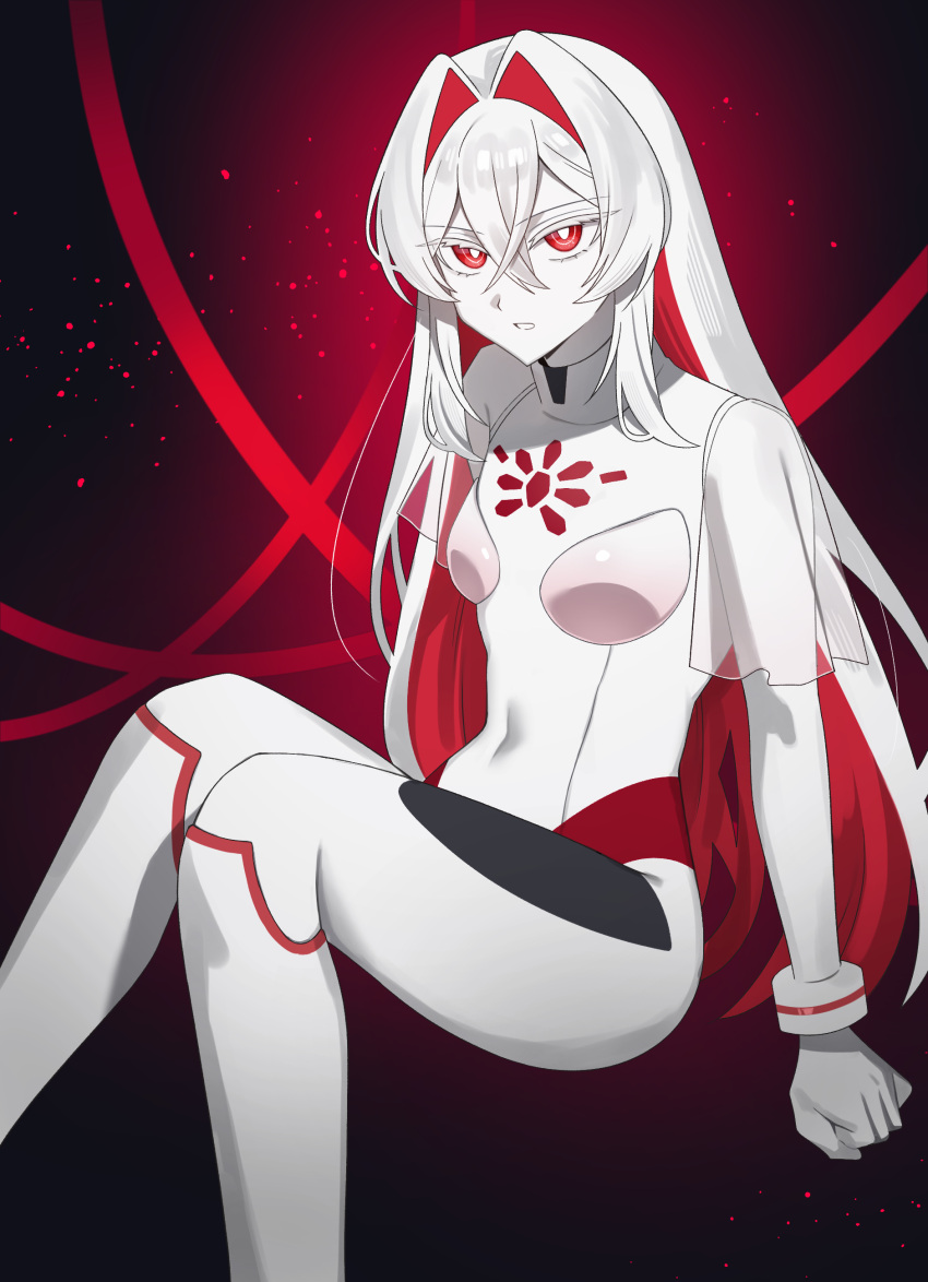 1girl, absurdres, armored_core, armored_core_6, ayre_(armored_core_6), black_background, bodysuit, bright_pupils, colored_inner_hair, colored_skin, covered_navel, hair_intakes, highres, idzuki_kenkyu-in, long_hair, multicolored_hair, red_eyes, redhead, white_bodysuit, white_hair, white_pupils, white_skin