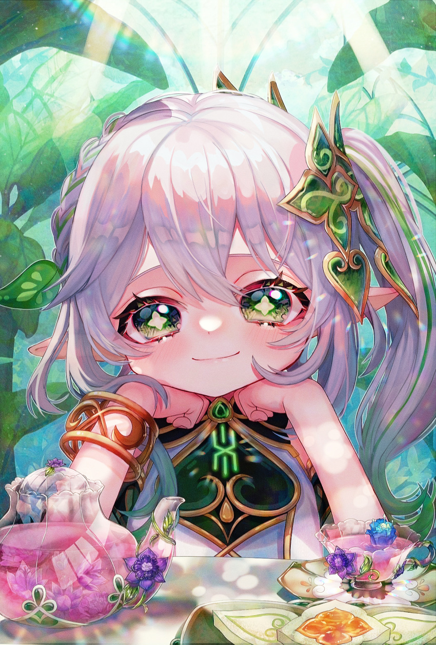 1girl, commentary_request, copiki_017, cup, flower, genshin_impact, gold_trim, gradient_hair