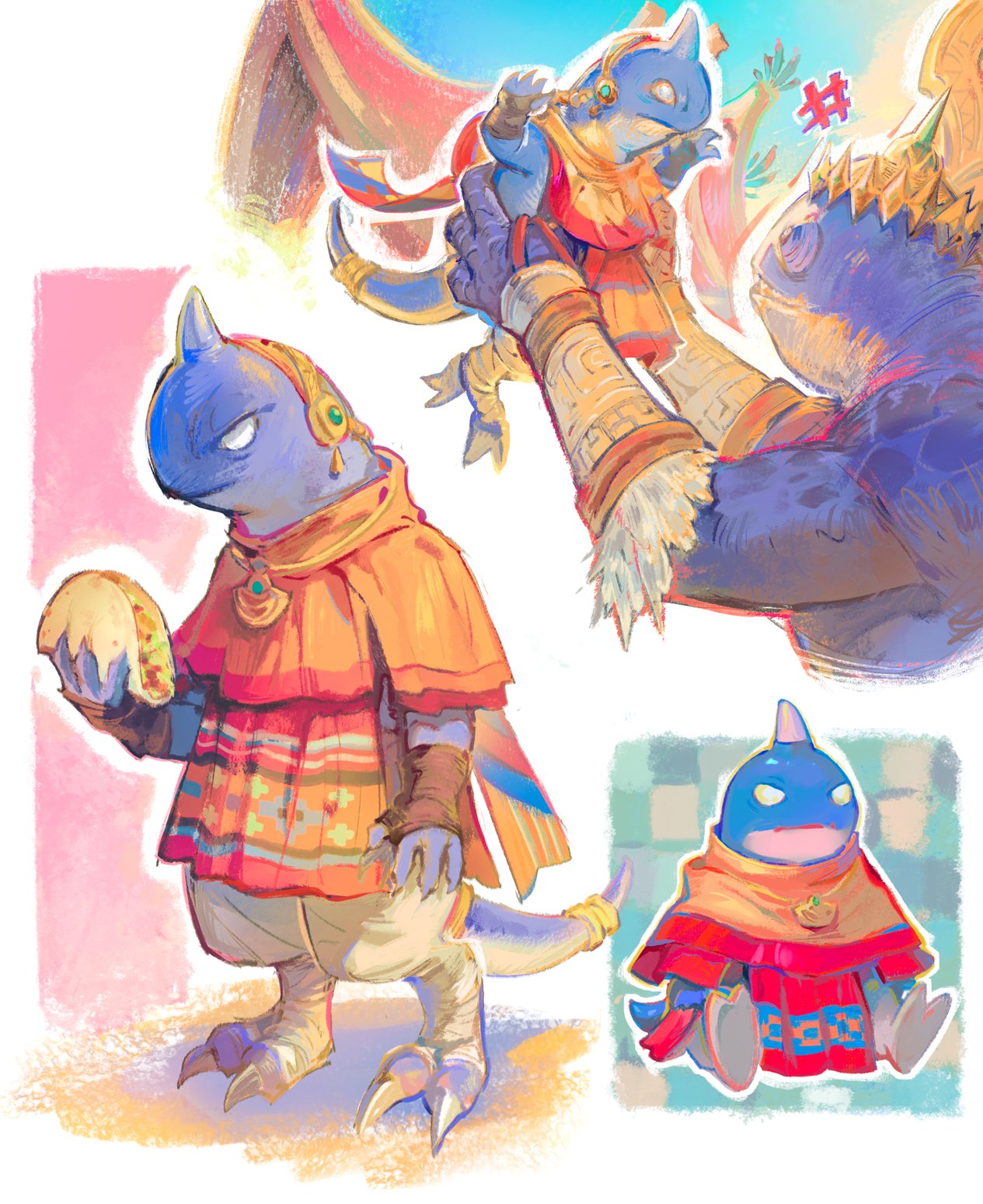 2boys, arm_up, blue_skin, brown_pants, chameleon_boy, chibi, clawed_feet, clawed_hands