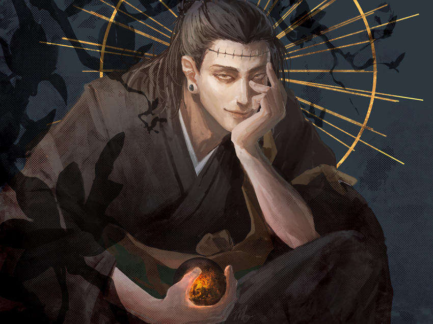 black_hair, black_kimono, extra_eyes, getou_suguru, getou_suguru_(kenjaku), highres, japanese_clothes, jujutsu_kaisen