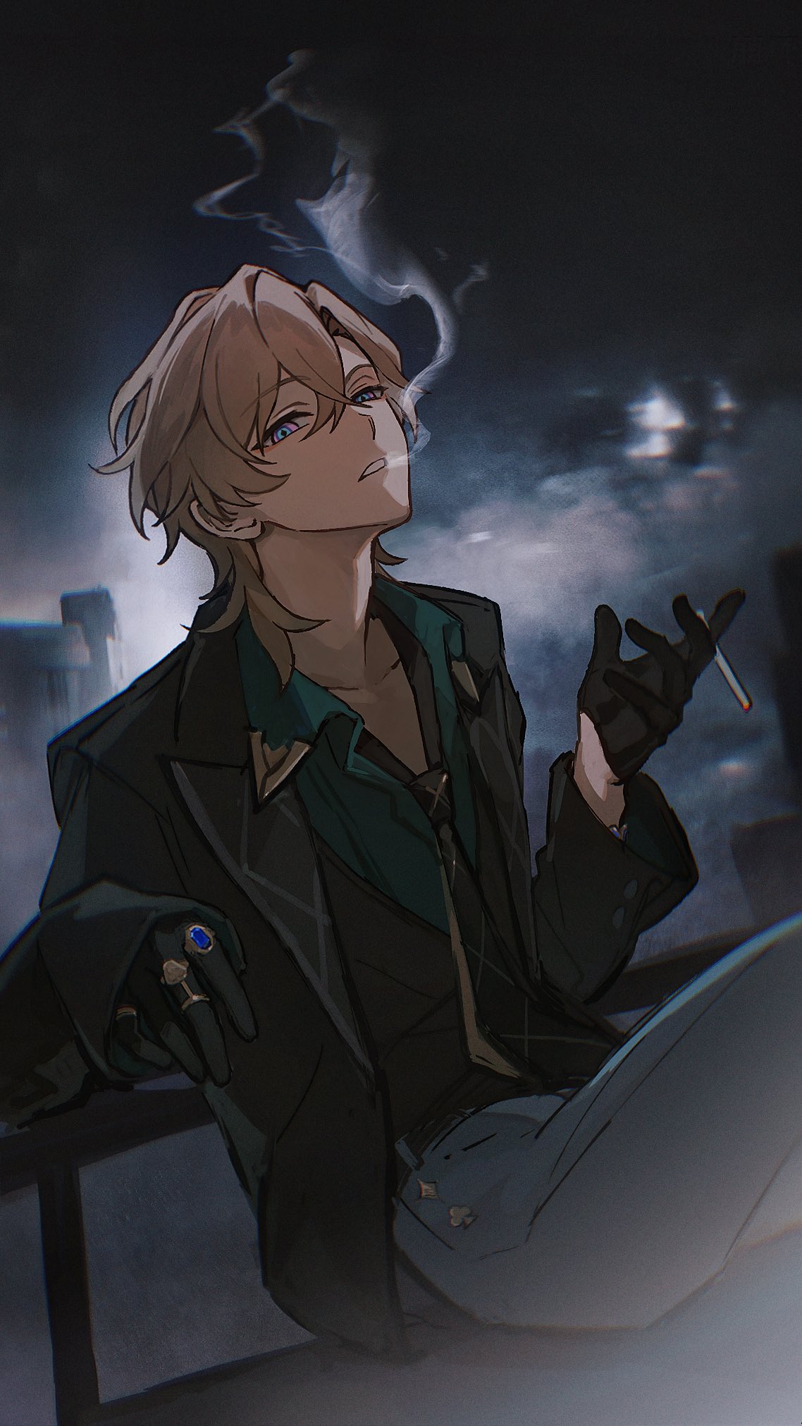 1boy, aqua_shirt, aventurine_(honkai:_star_rail), black_gloves, black_jacket, black_necktie, black_vest, blonde_hair